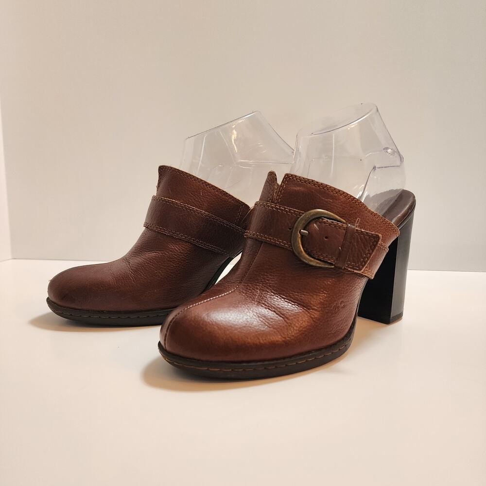 BOC Brown Leather Slip On Clogs Stacked Heel Women's SZ 8